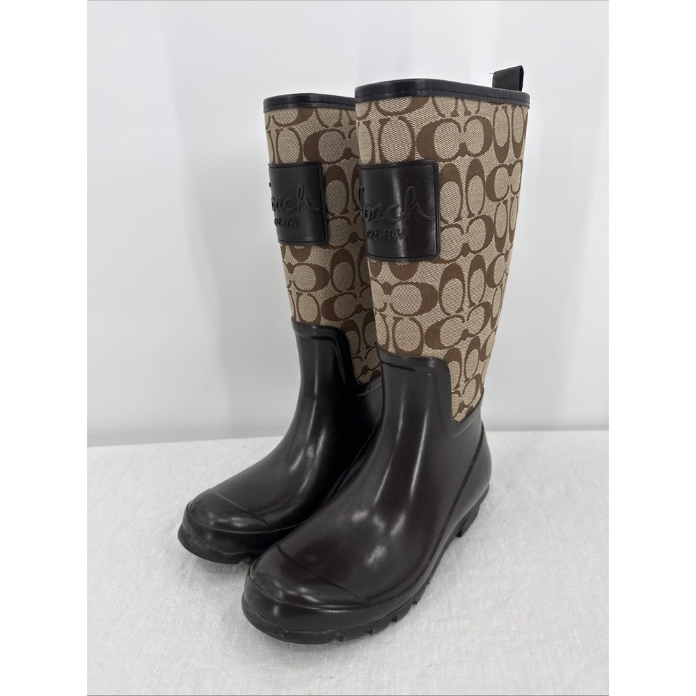 Coach Womens Brown Pearl Signature Rubber Rain Boots Size 6B Classic Designer